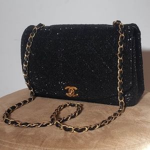 Chanel Black Strassed Medium Lambskin Diana